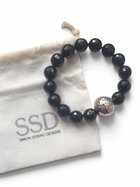 NEW Simon Sebbag 925 Sterling Silver Black Onyx Stretch Bracelet w/Box and Pouch